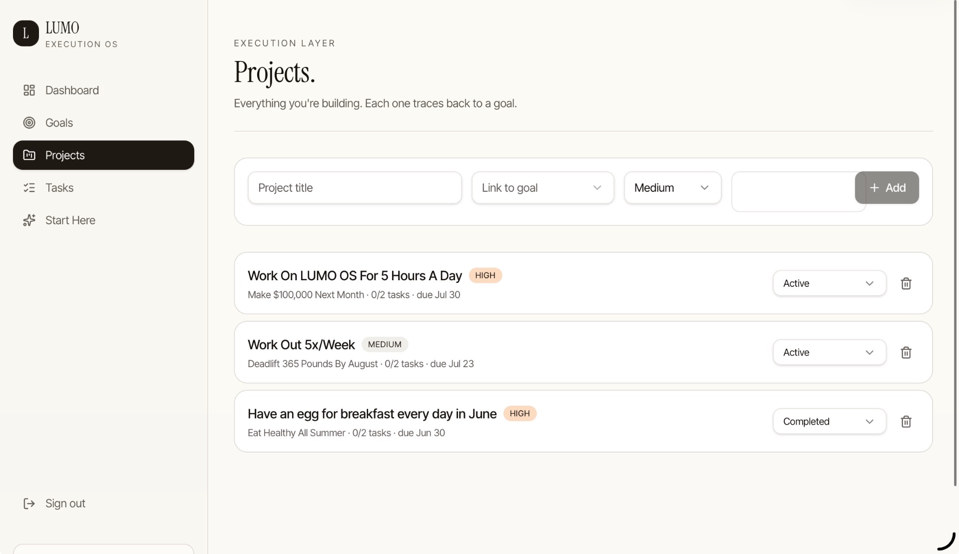 LUMO OS projects view — the execution layer