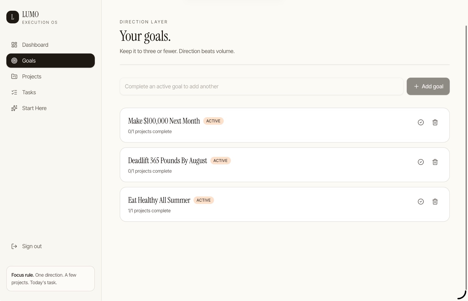 LUMO OS goals view — the direction layer