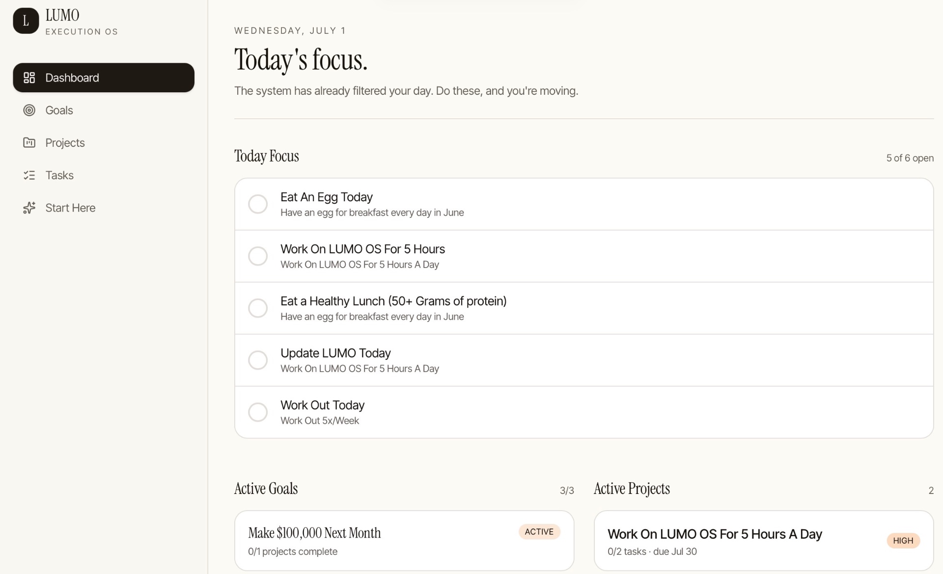 LUMO OS dashboard showing today's focus tasks, active goals, and active projects